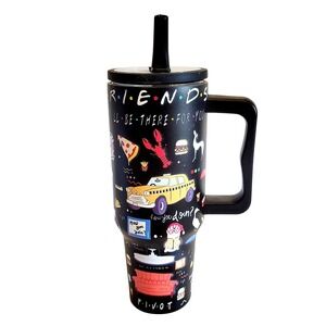 Friends 40oz Insulated Stainless Steel Travel Tumbler Mug Lid Handle Straw Icons